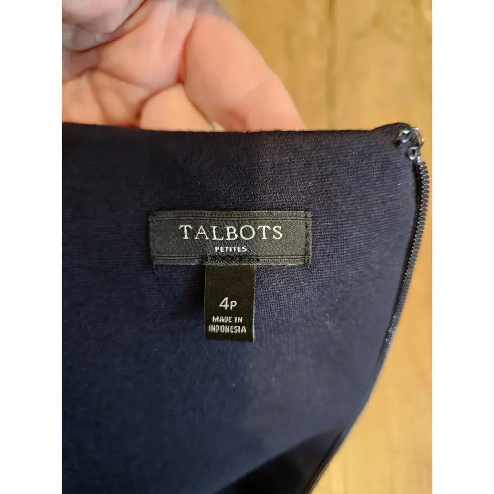 Talbots Flounce Refined Ponte‎ Sheath Dress Women’s Size 4P Navy Blue
